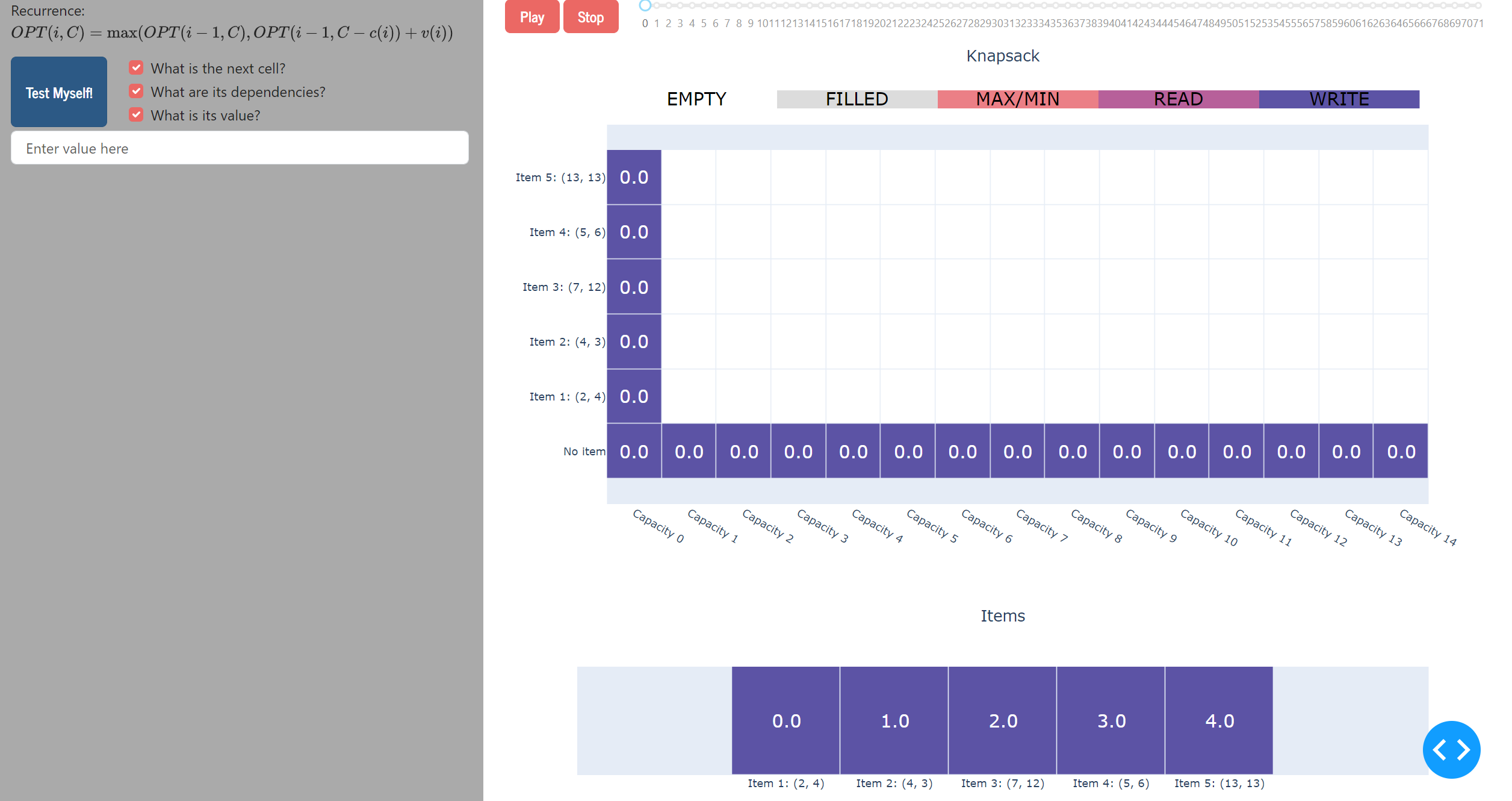dpvis - Interactive visualization of the Knapsack dynamic programming algorithm